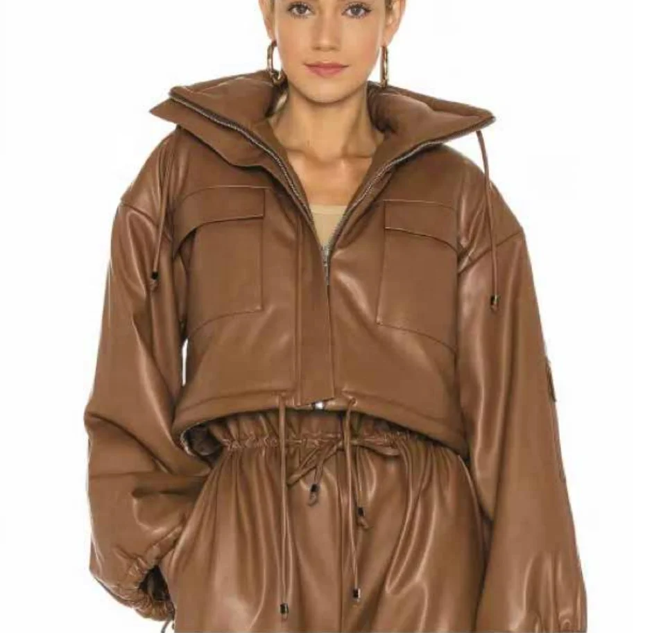 Fashion Women Pu Leather Jacket Balloon Sleeve Women Outerwear