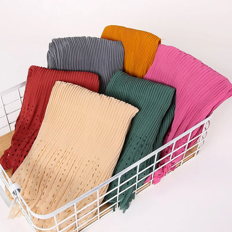 Women Autumn New Pearl Chiffon Monochrome Scarves Hijab Shawl Hollow Fashion Crinkle Hijab Scarf