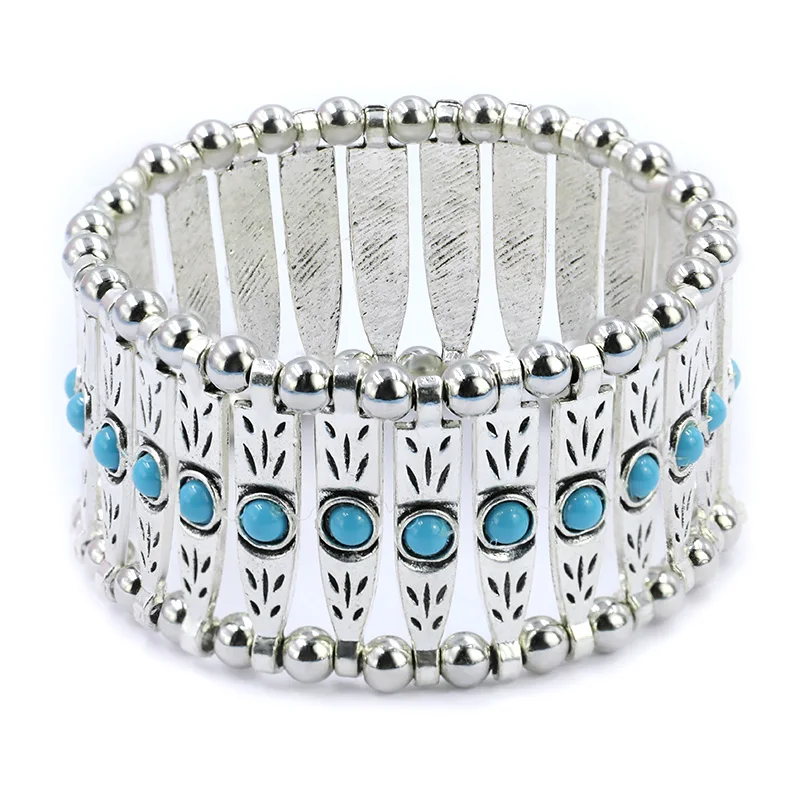 High Quality  Wholesale Bohemia 3mm Width Antique Silver Turquoise Black Crystal Red Gemstone Alloy Elastic Stretch Bracelet