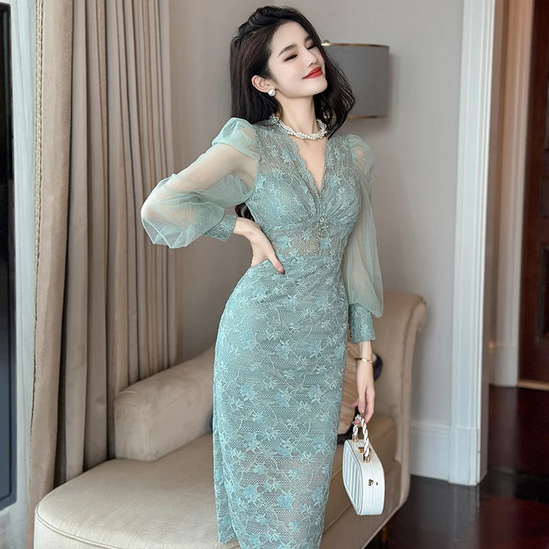 ZYHT 20269 Hot Selling Women Fashion Dresses Spring Autumn Puff Sleeve Floral Hollow Out Lace Printed Ladies Dress