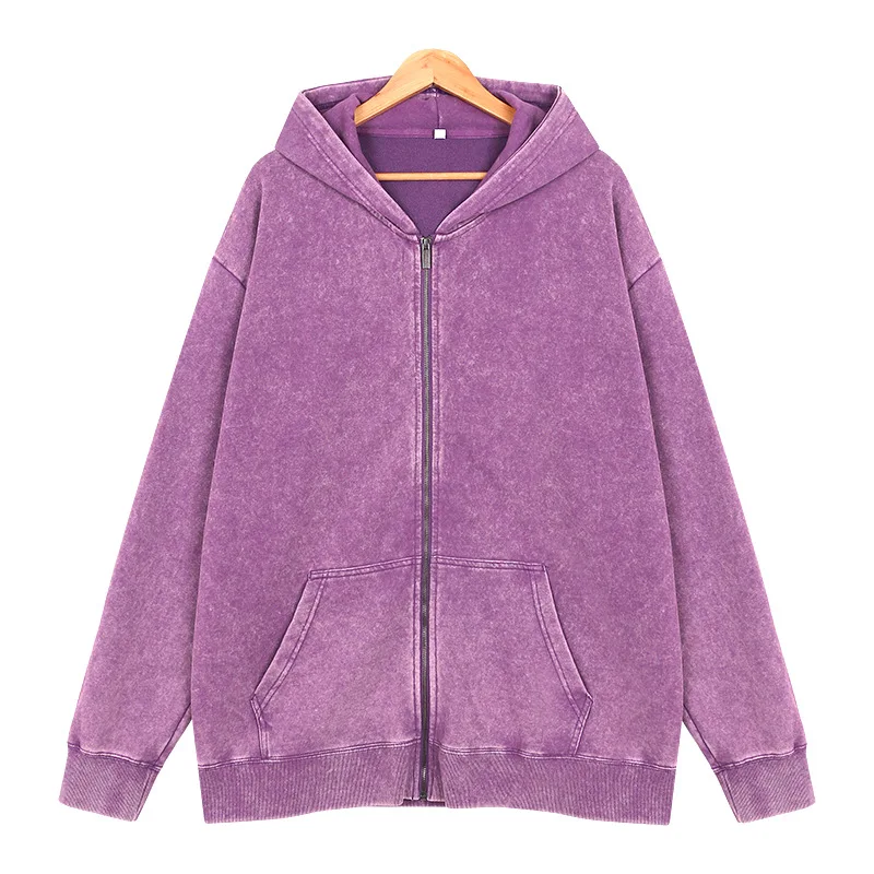 Wholesale Custom Acid Wash Hoodie Men French Terry Plain Heavyweight Cotton Pullover Black Oversized Cropped Zip Up Hoodie