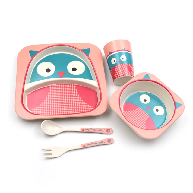 5pcs/set Baby Bamboo Bowl Spoon Fork Feeding Tableware Set Cartoon Animal Bee Kid Dishes Feeding Bowl Dinner Plate