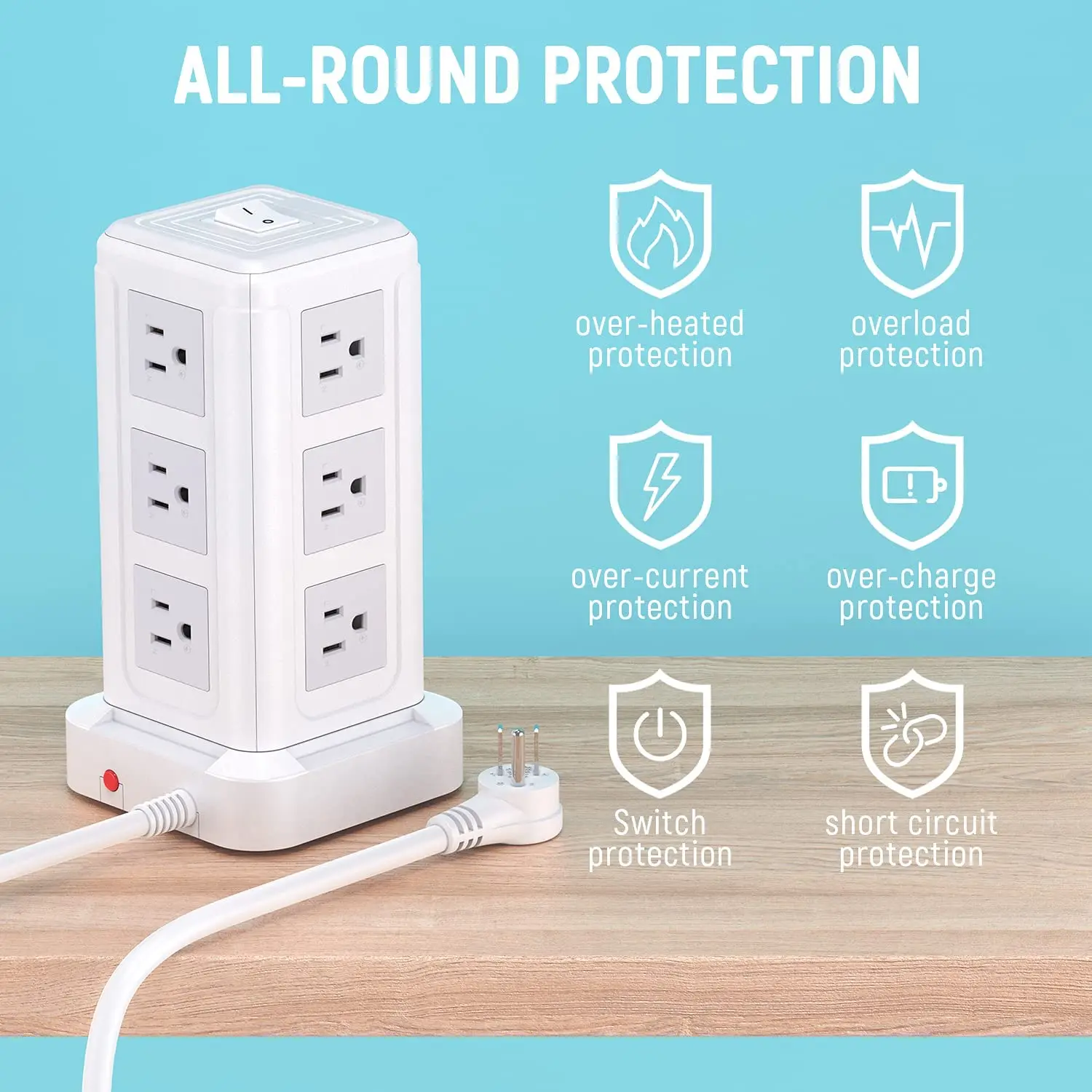 Vertical Smart Tower Mains Power Strip Extension Socket 4 USB Port Adapter Multifunction Electrical With Switch