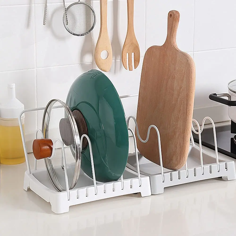 Pot Lid Stand Rack /Holder/Organizer,with 3 Adjustable Dividers 1Hanging Dry Cloth shelf for Kitchen cabinet,Cut Board,Pan cover