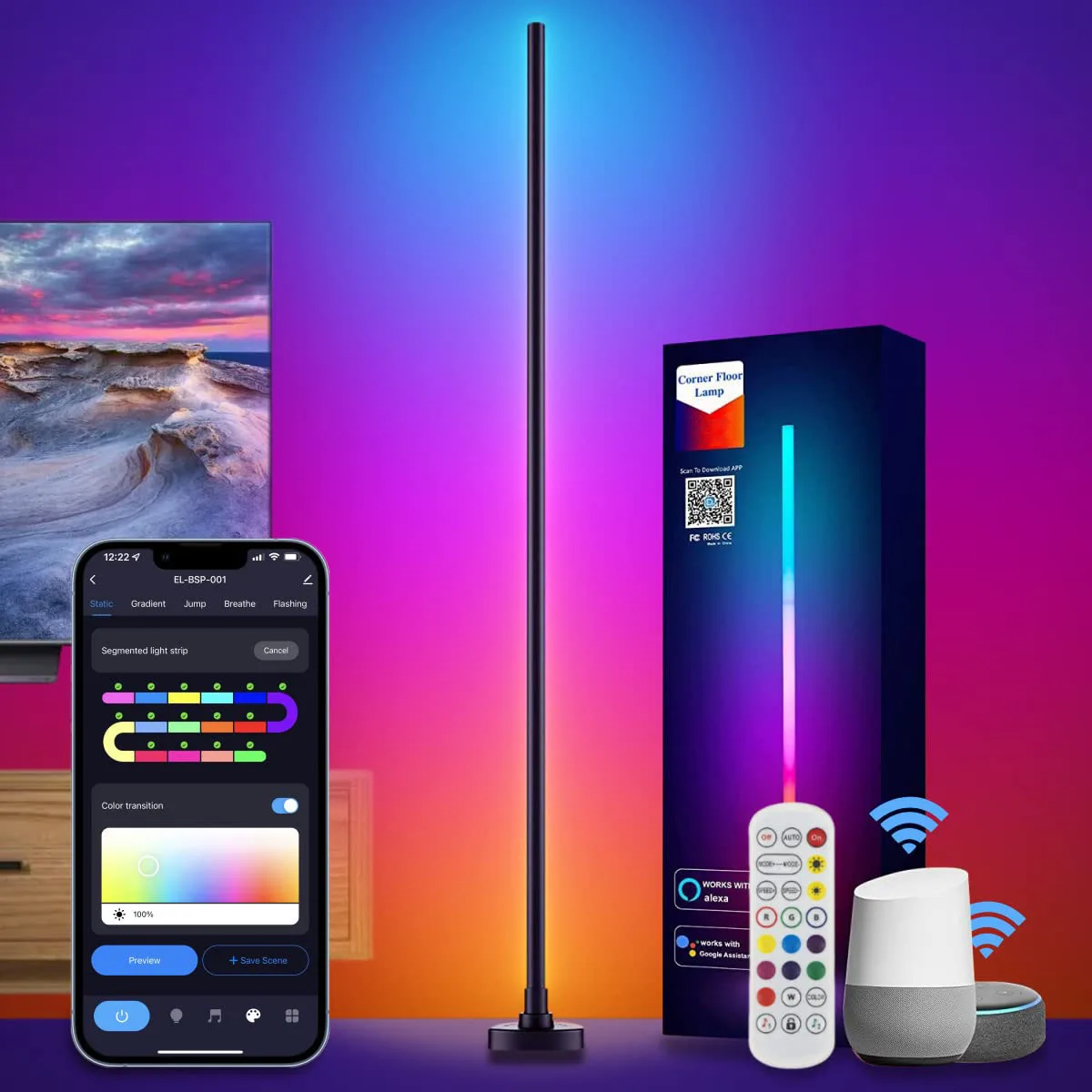 Christmas Lights Indoor WiFi App Remote Control LED Standing Light Nordic Modern RGB Smart Corner Floor Lamp for Living Room