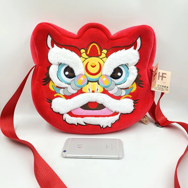 Cartoon Chinese lion dance plush animal shoulders school bag fashion cartoon pet kids plush backpack schoolbag for kids women