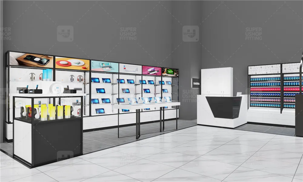 Modern Laptop Shop Display Cabinet Furniture Design Custom Glass Computer Store Wall Shelves for Headphone Retail
