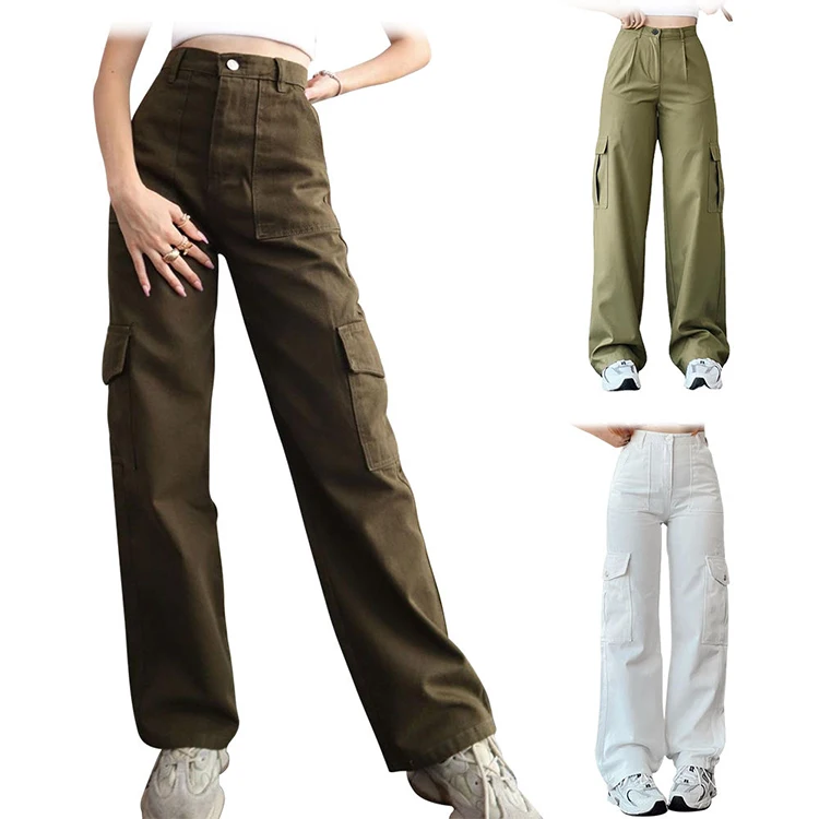 Custom OEM Manufacturer Vintage Pockets High Waist Streetwear baggy Casual ladies Long parachute Cargo Pant for women Trousers