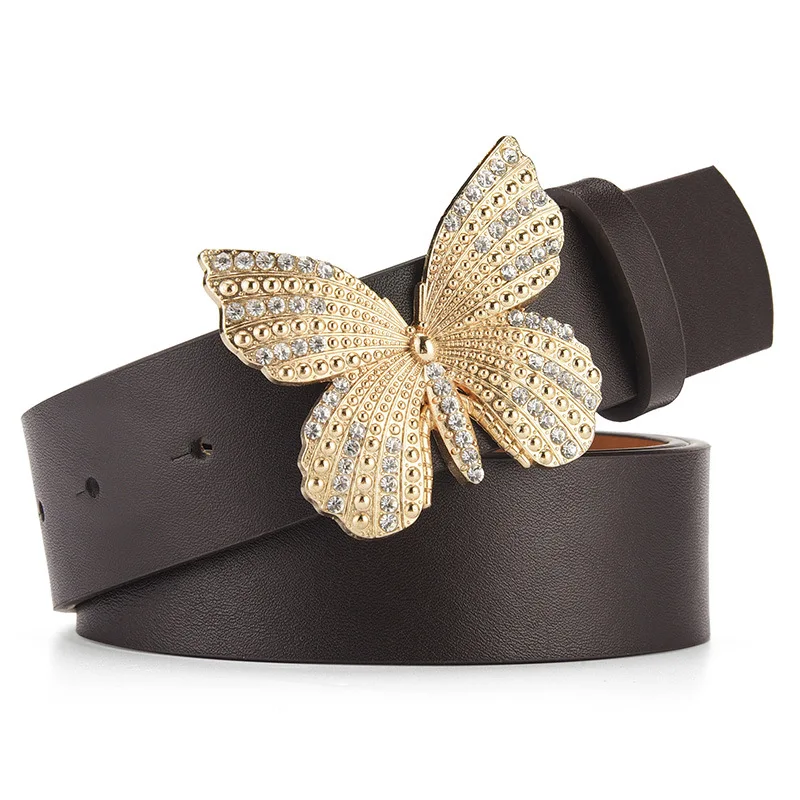 High Quality Butterfly Buckle Rhinestones  Belt Fashion Womens Synthetic Leather Belt Casual Jeans Belt