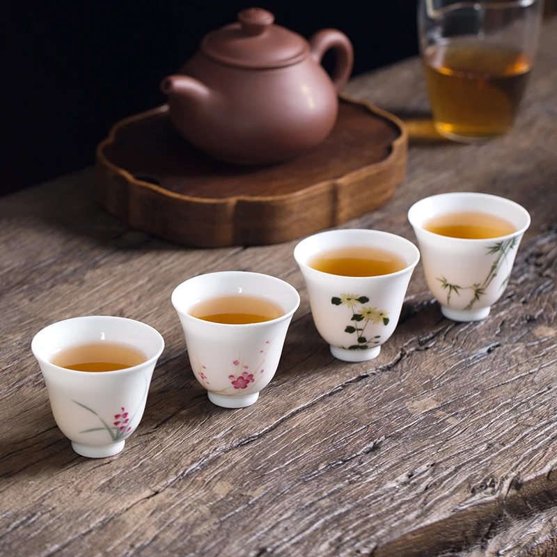 Customization Pattern Jingdezhen Ceramic Teacup Hand-painted Pastel Plum Orchid Bamboo Chrysanthemum Porcelain Kung Fu Tea Cup