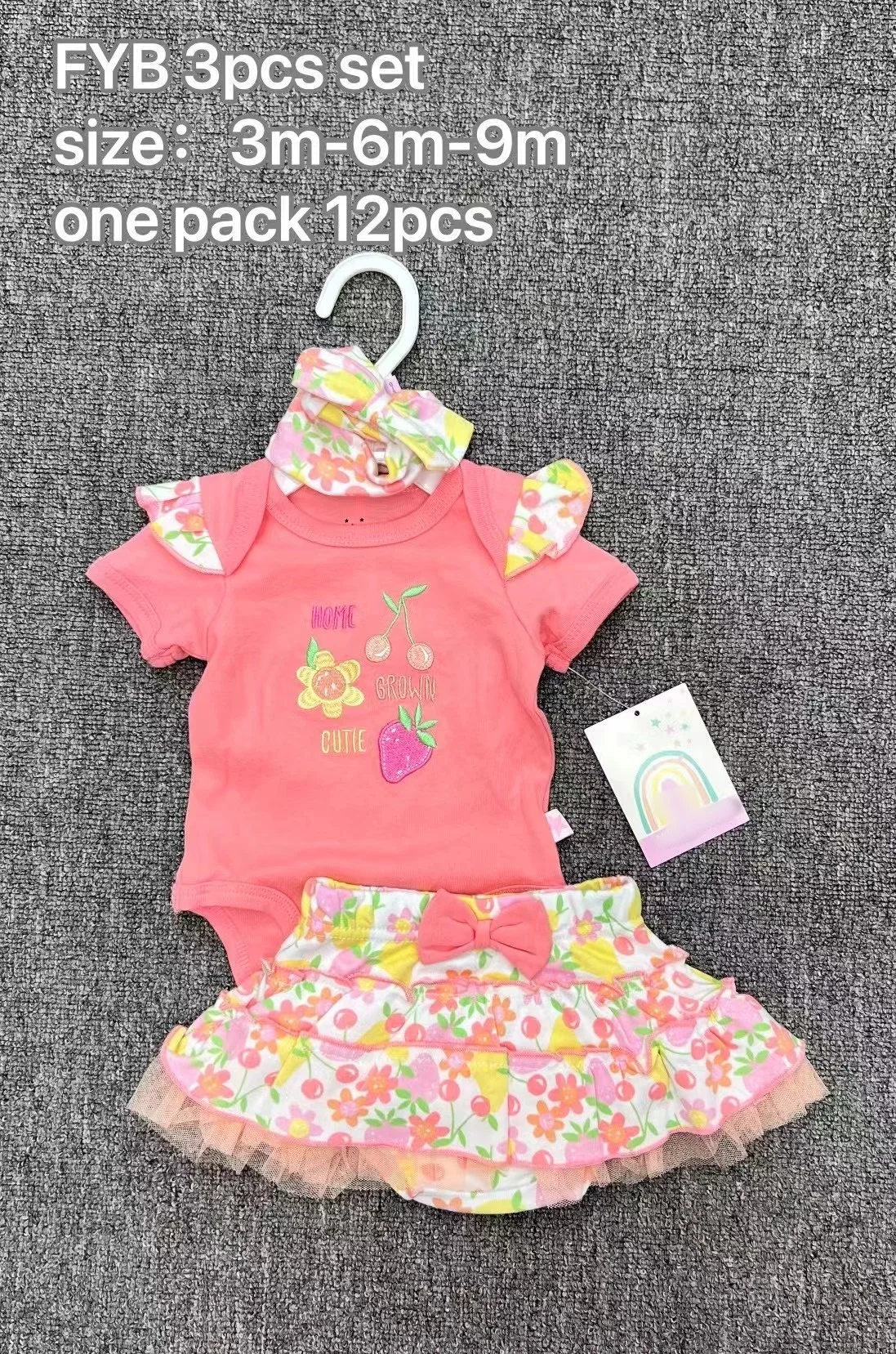 Hot Selling High Quality 0-9m Newborn Cartoon Cute Onesies Sets Girl Romper 3pc Sets Baby Short Sleeved Cotton Soft Clothing Set