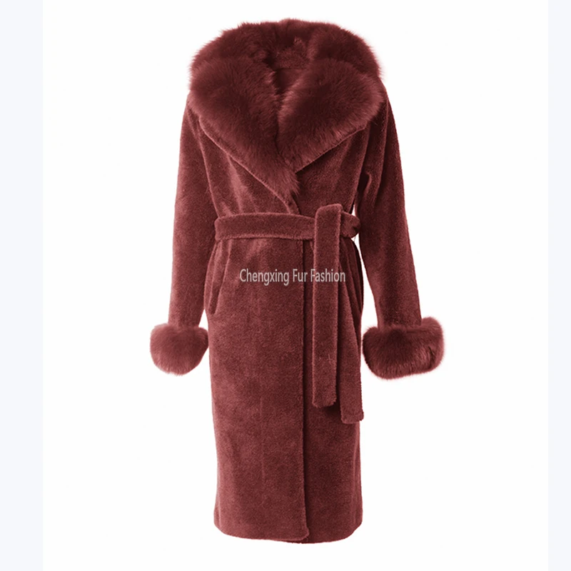 CX-G-T-74D Fox Fur Shawl Collar and Cuffs Decorative Warm Shearing Sheep Wool Jacket Winter Fur Coat