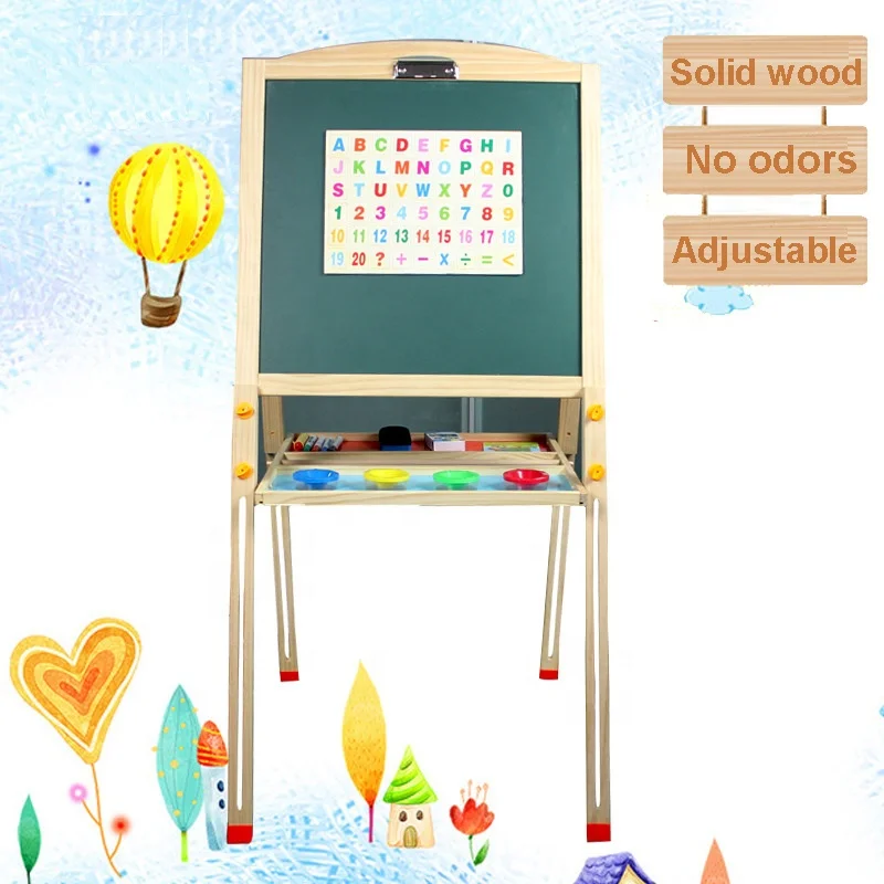 Early childhood double side chalkboard wooden art easel sets height adjustable standing easel magnetic white board painting toy