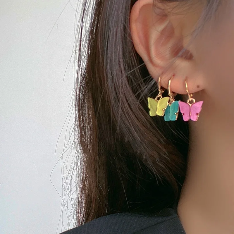 Candy Colorful Butterfly Crystal Gold Stud Earring Women Girl Minimalist French Acrylic Small Hoop Earring Summer Animal Jewelry