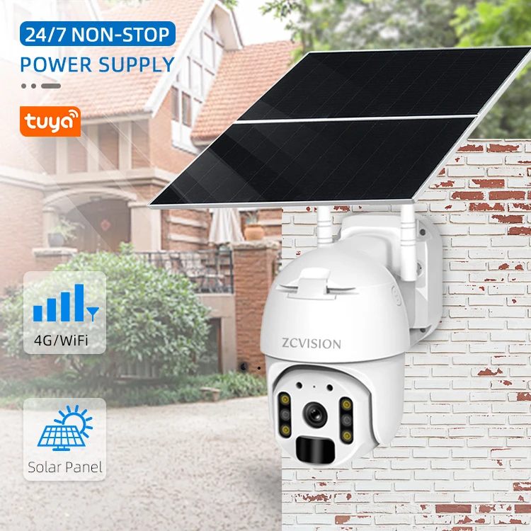ZCVISION New 24 Hours Recording Wifi IP PTZ CCTV Surveillance Security Solar Camera 4G with Floodlight Full Color Night Vision
