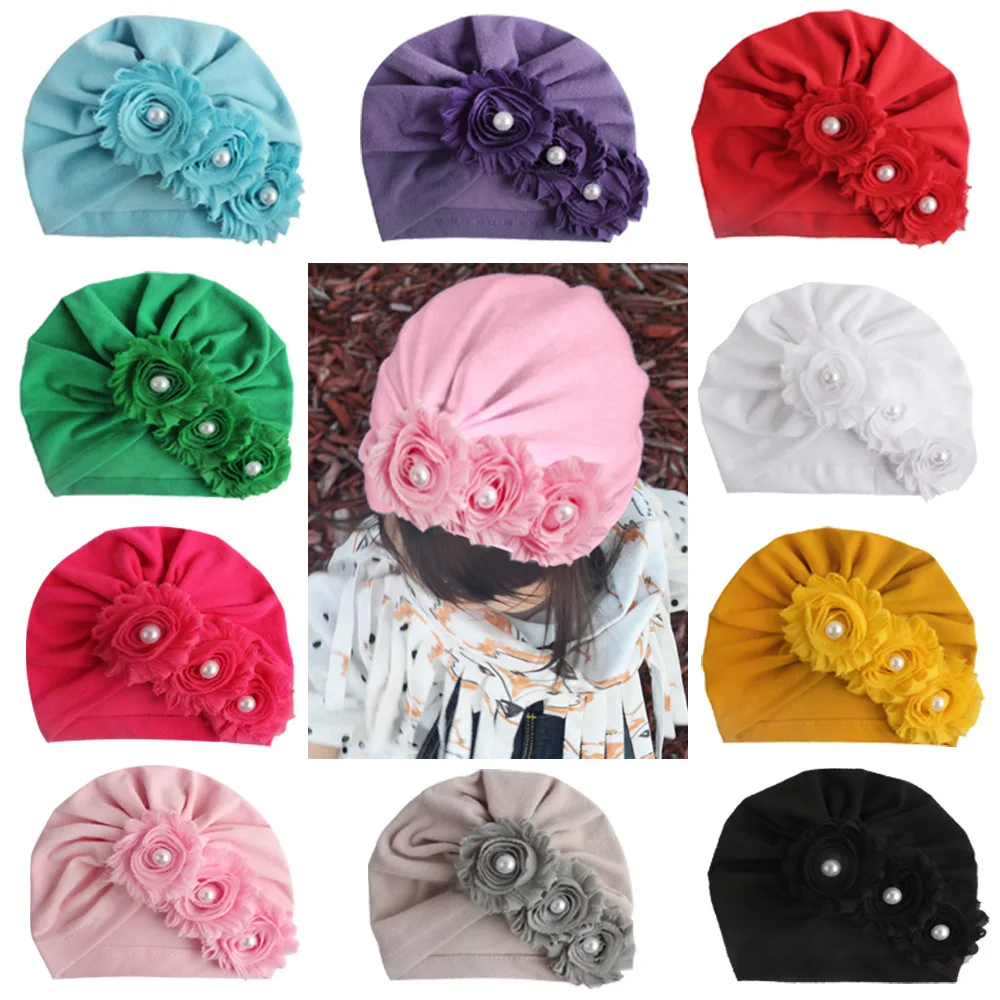 Flower Design Baby Turban Hats Solid Color Soft Cloth Caps for Newborn Baby Girls