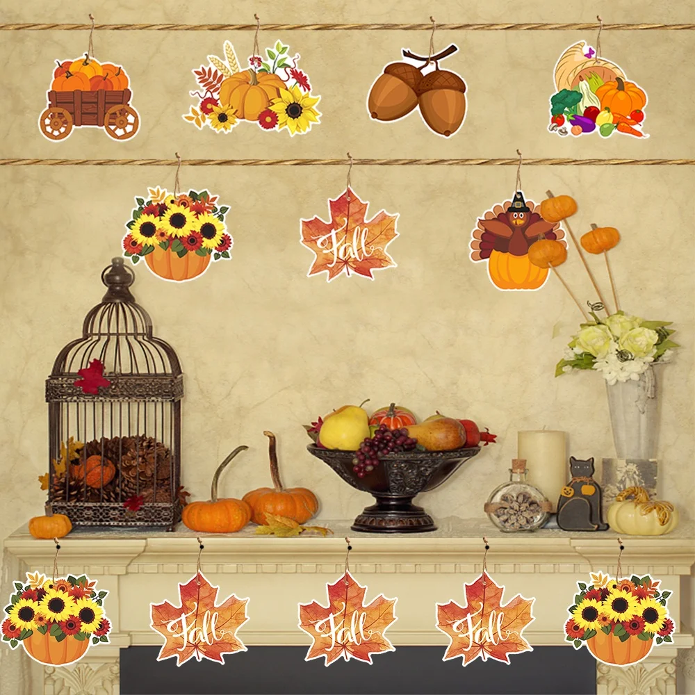 Hot Sale 14pcs Fall Paper Ornaments Pumpkin Maple Leaf Thanksgiving Hanging Decor with Hemp Ropes for Happy Fall Party Supplies