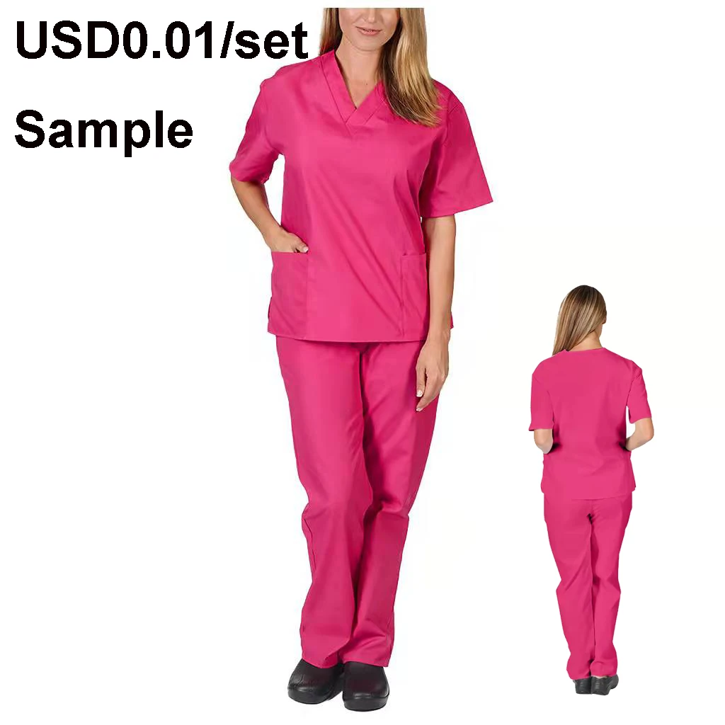 In stock Wholesale  High Quality 4 Way Stretch Spandex Scrubs For Women And Men V Neck Hospital Uniform Medical Sets