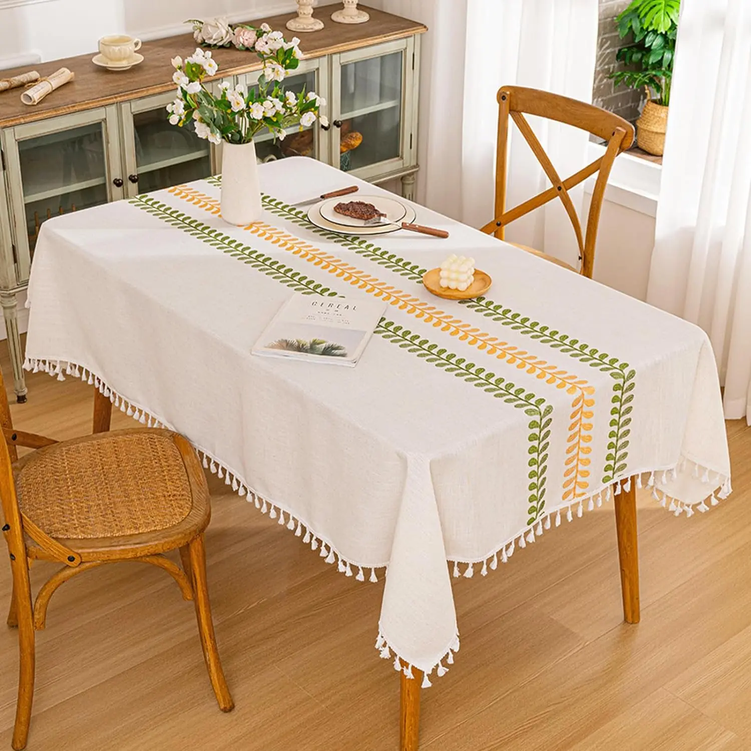 QDTEX Cotton Linen Rectangle Table Clothes Waterproof Embroidered Tablecloth