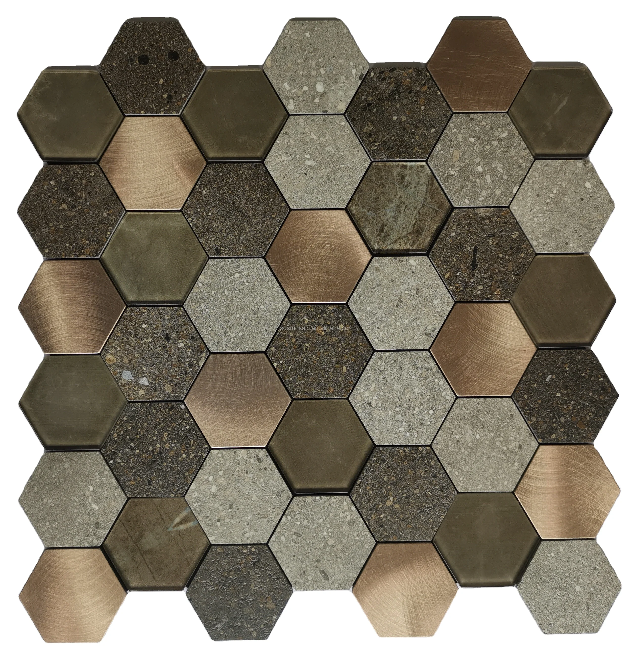New Design Self Adhesive Tile Brown Metal and Glass Mosaic Hexagon for Kitchen Backsplash