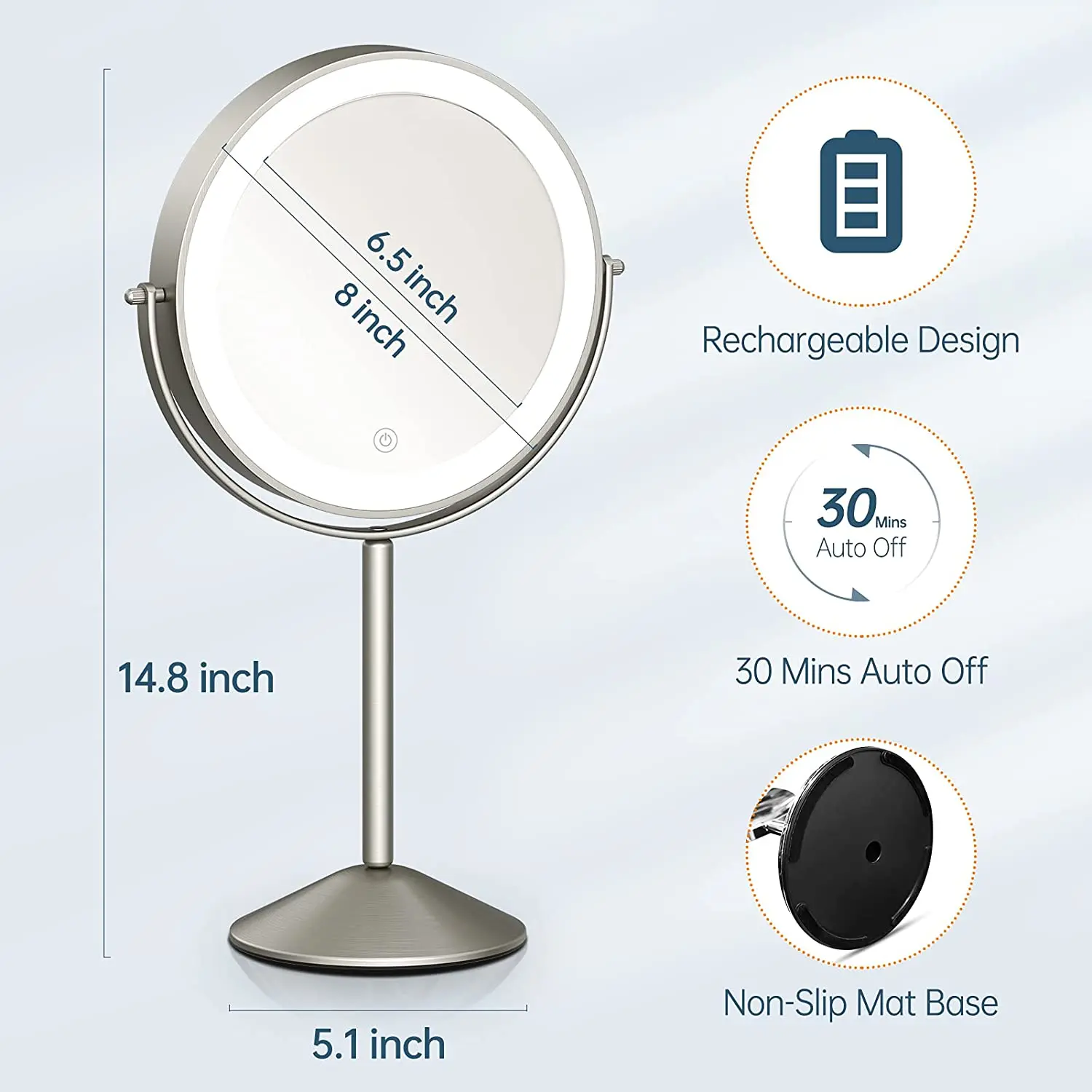 Brushed Nickel Finish Dimmable Cosmetic Mirror with Touch Control 360 Degree Rotation Led Light up Mirror