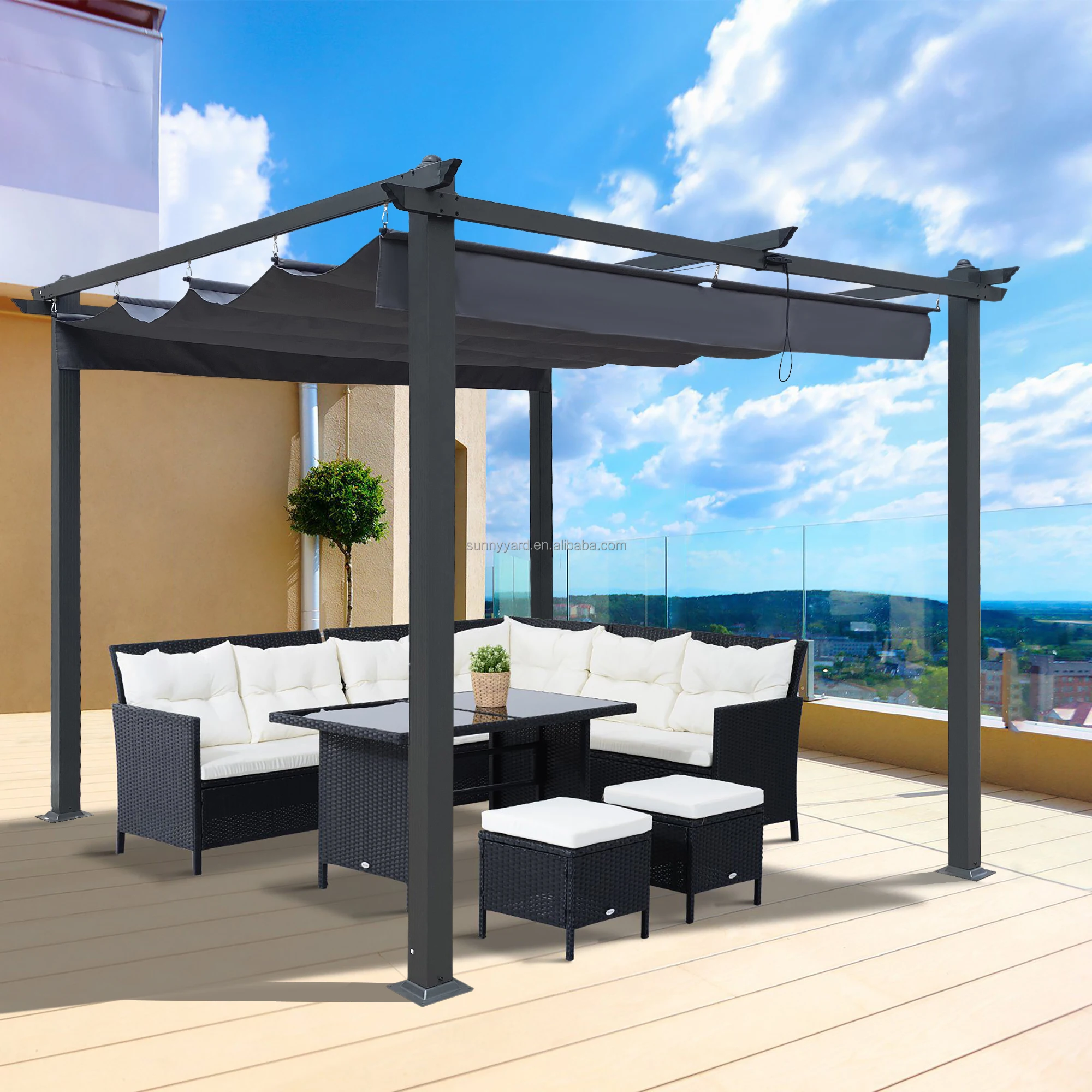 Outdoor Aluminium Gazebo with Retractable Sliding Sunshad Canopy water Proof Awning Pergola