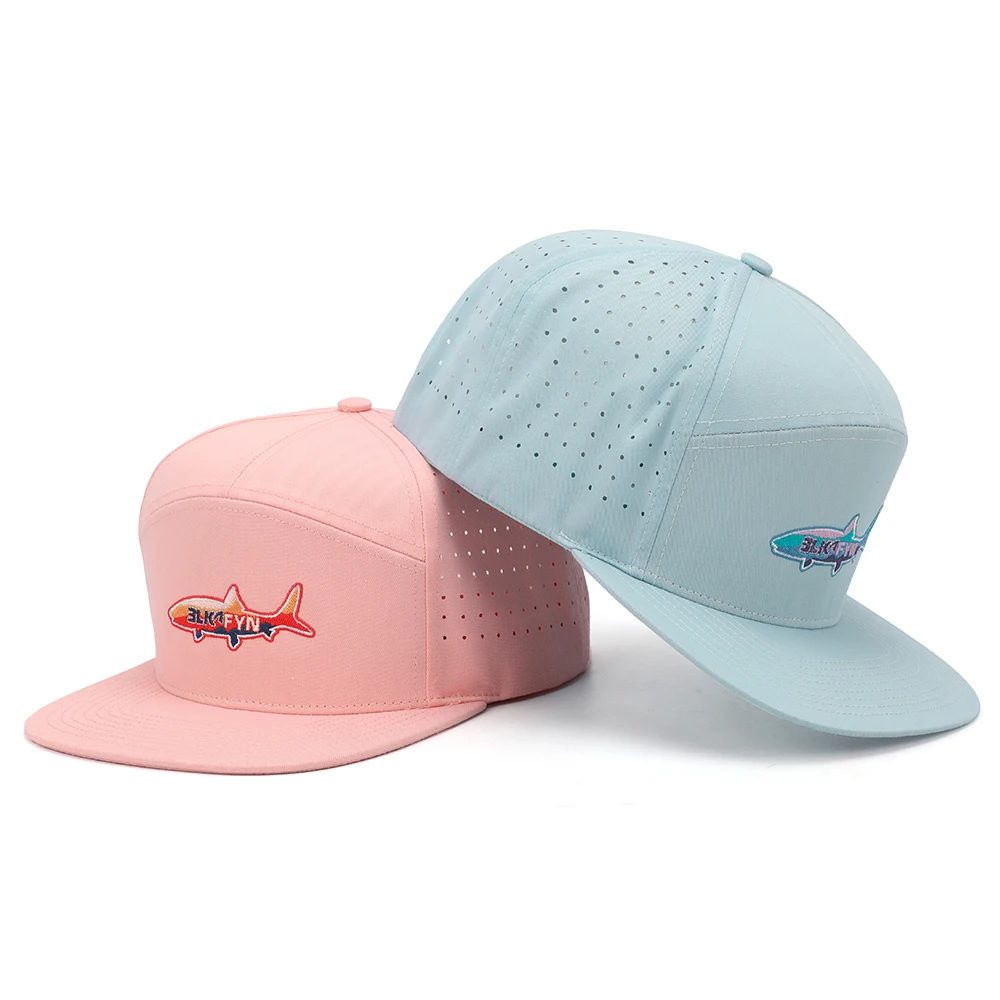 OEM Custom High Quality 7 Panel Fashion Fish Embroidered Logo Melin Luxury Flat Bill Laser Cut Hole Perforated Hat Snapback Cap