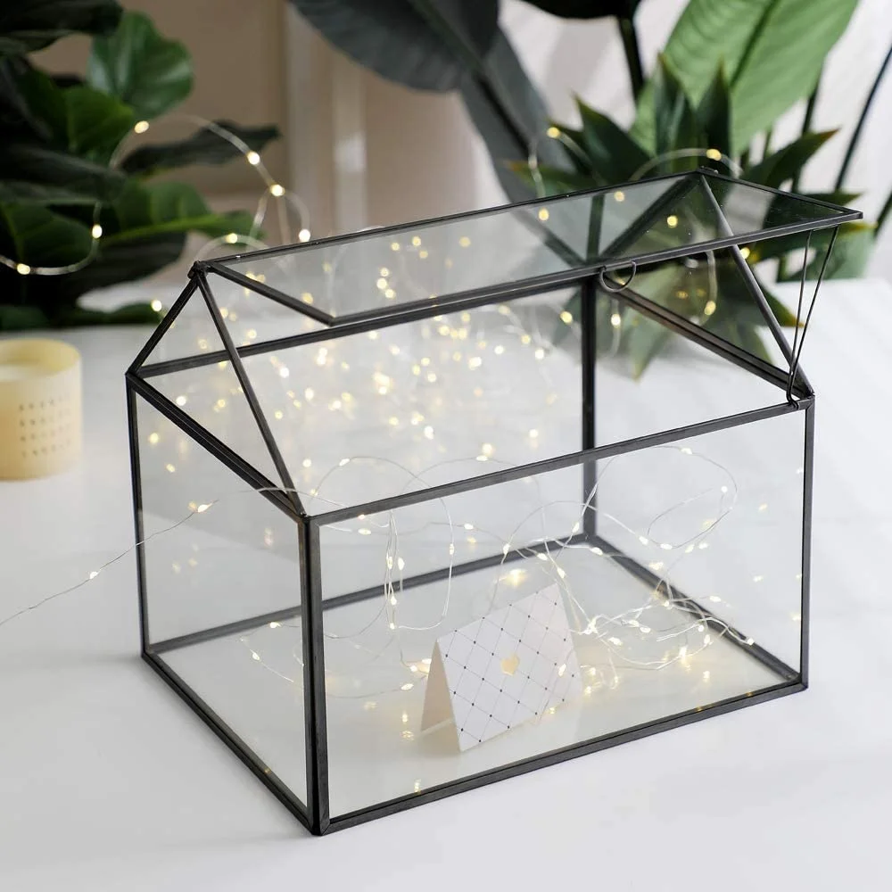Black Large Glass Geometric Terrarium Container Tabletop House Shape Box Planter with Swing Moss Fern Lid