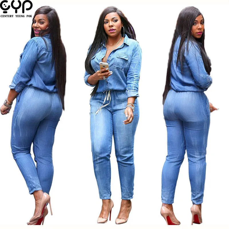 Plus Size New Arrival Fashion Bandage Light Blue Long Sleeve Jeans Jumpsuit Women One Piece Jumpsuit Slim Casual Denim Jumpsuit