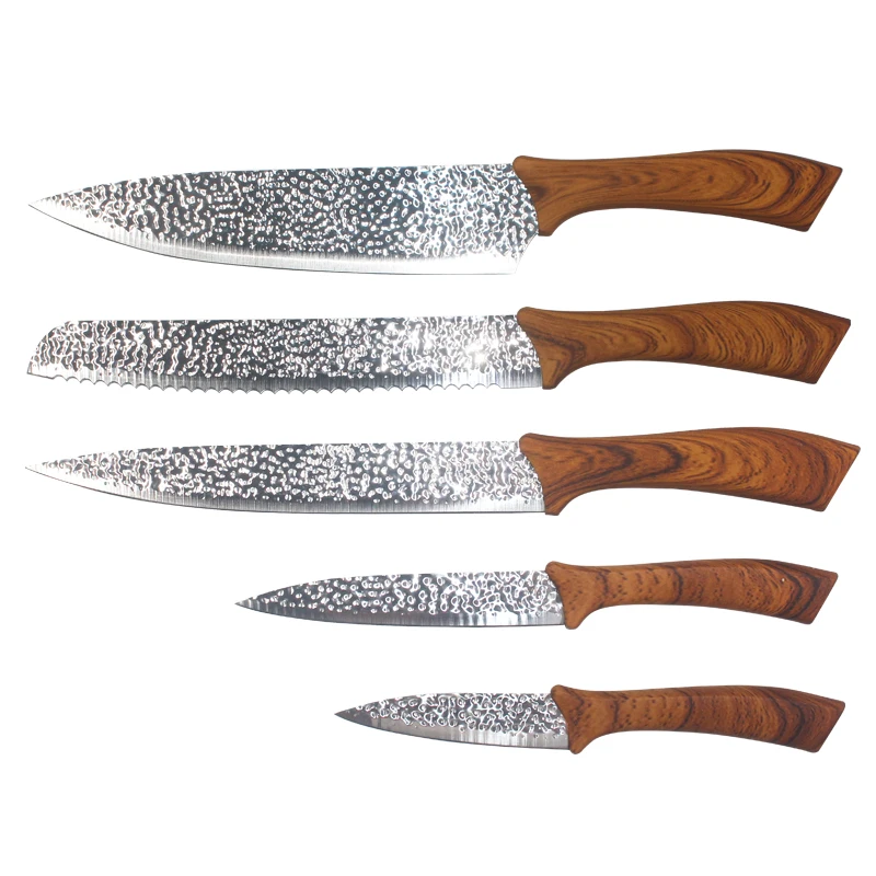 New design hammered blade kitchen knife swiss quality kitchen knife set with wooden decal printing handle for kitchen