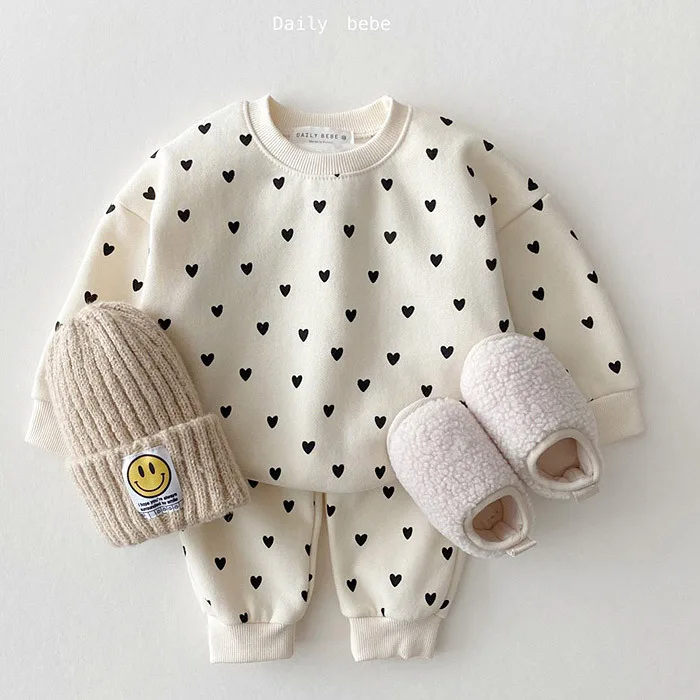 Spring Autumn Baby Lovely Girls Two-piece Clothes Casual Set Girls Pure Cotton Heart Print Long Sleeve Baby Suits