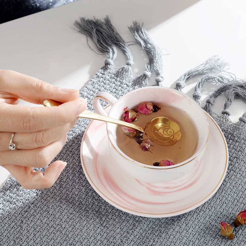 High Quality Pink Marble Porcelain Tea Cup Set  Cheap Golden Rim Coffee Cups Nordic Ceramic Tea Cups and Saucers Set
