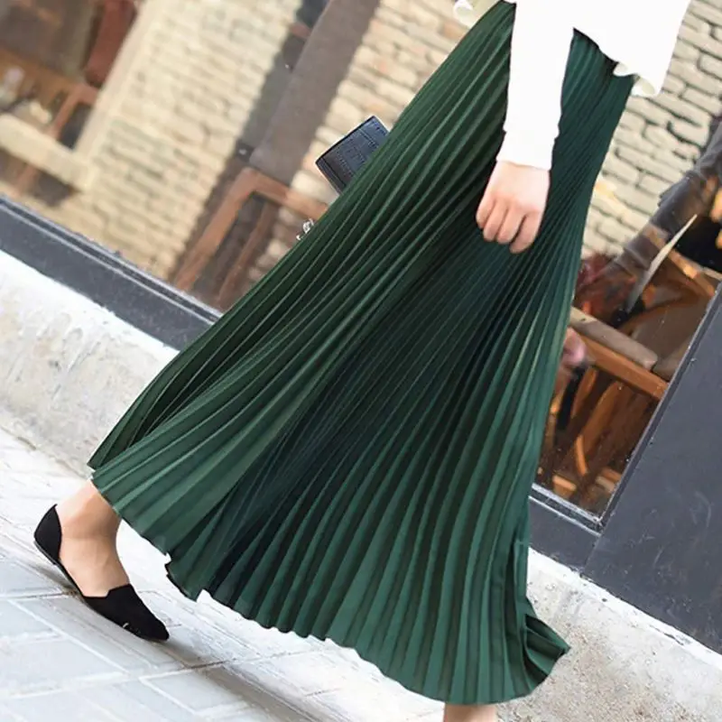 Spring Women Solid pleated skirt Elegant Casual Office Midi Elastic Waist Maxi Skirt Chiffon pleated skirt A-line Mid-length 10%