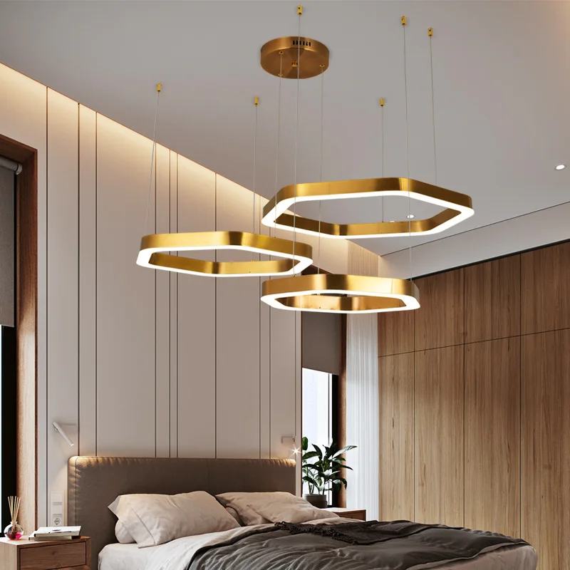 Stainless steel modern chandelier simple hexagonal golden living room lamp Hotel engineering lobby decorated circle chandelier