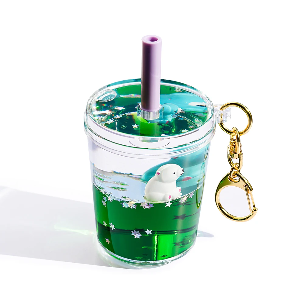 Oversized Tropical Boba Liquid Keychain Floating Acrylic Animal Water Key Holder Iron Bubble Milk Tea Cup Keyring Bottle Plastic