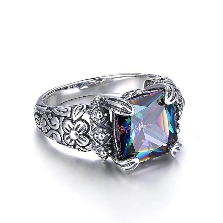Antique 925 Sterling Silver Mystic Rainbow Gemstone Ring for Women