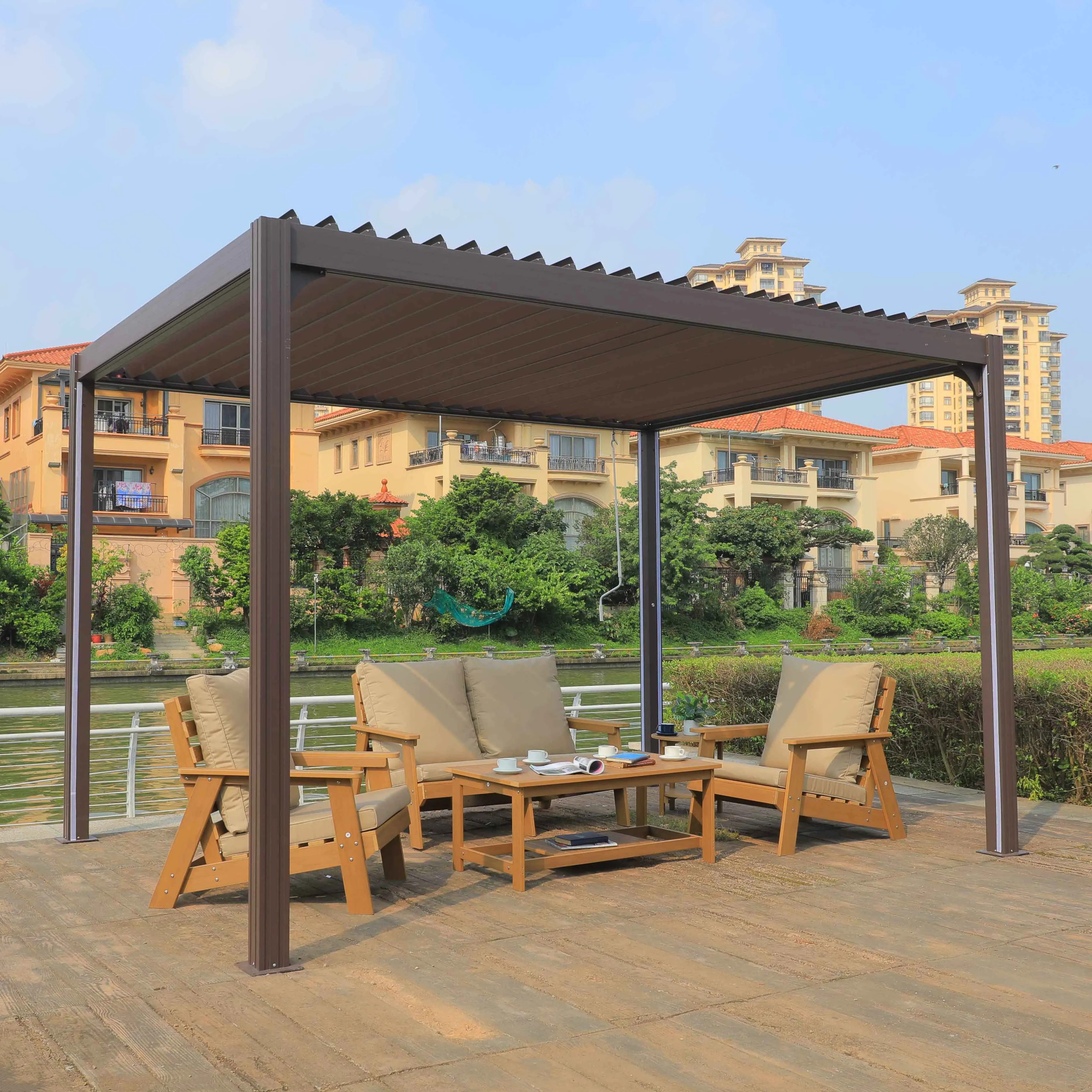 Uplion All Season Manual Louver Roof Aluminium Pergolas Garden Canopy Gazebos Outdoor Waterproof Pavilion