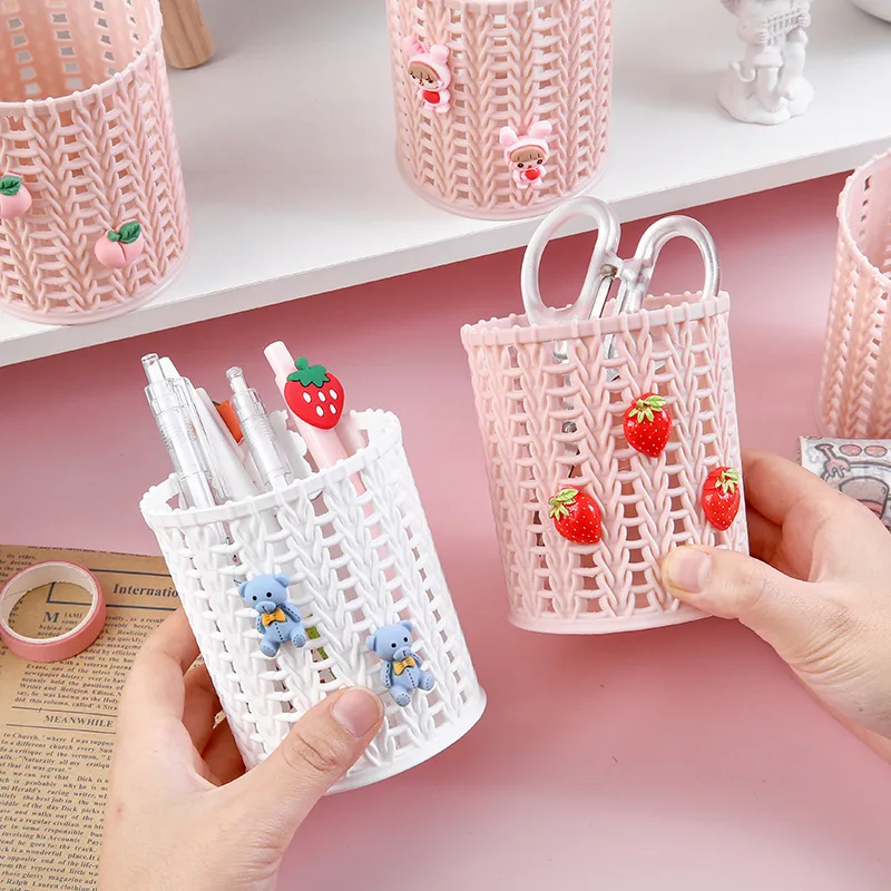 Cute Decorative Round Plastic Woven Pen Holder Student Office Desktop Clutter Collection Bucket