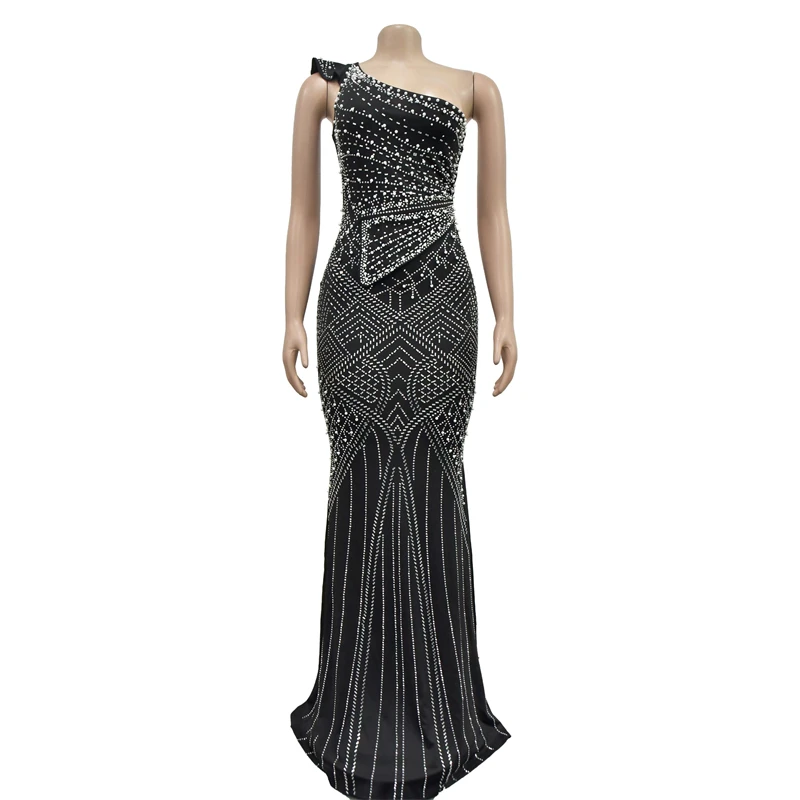luxury pearls rhinestone beaded one shoulder sleeveless evening party dress 2024 floor length ball gown for women with pearls
