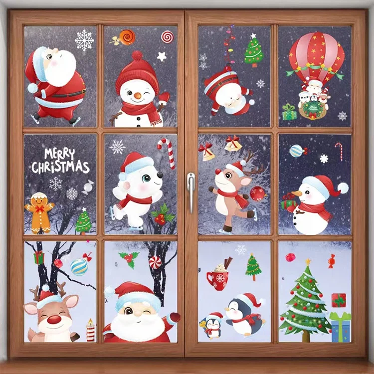 New hot air balloon santa claus elk snowman waterproof christmas tree window stickers