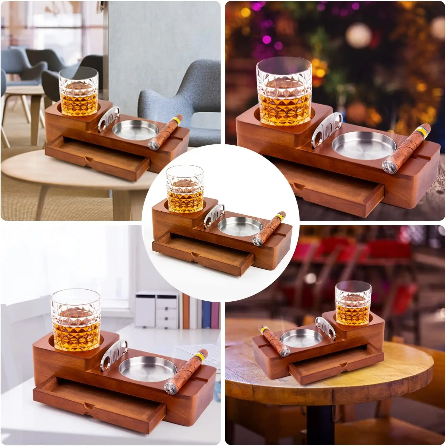Custom logo gifts set bamboo wood cigar ashtray and whiskey glass holder
