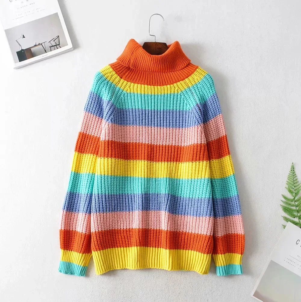 Accept small order custom turtleneck woman fashion rainbow knitwear