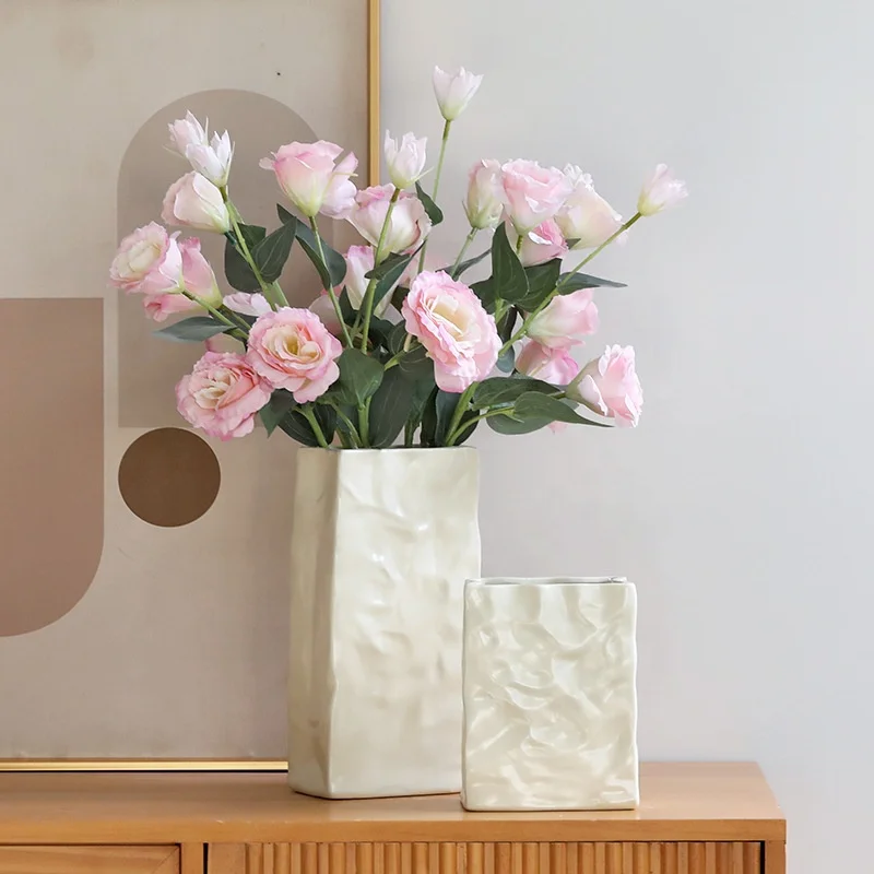 Modern Trendy Home Dining Room Table Centerpiece Unique Square Wide Mouth Pleated Decor White Crinkle Paper Bag ceramic vase