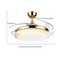 Factory sells modern acrylic gold dimmable ceiling lights with 3 blades smart remote control fan and Led lights