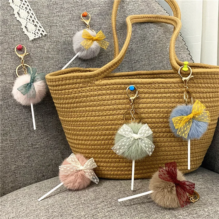 INS Popular Cute Lollipop Bow Pom Pom Ball Keychain Bag Ring