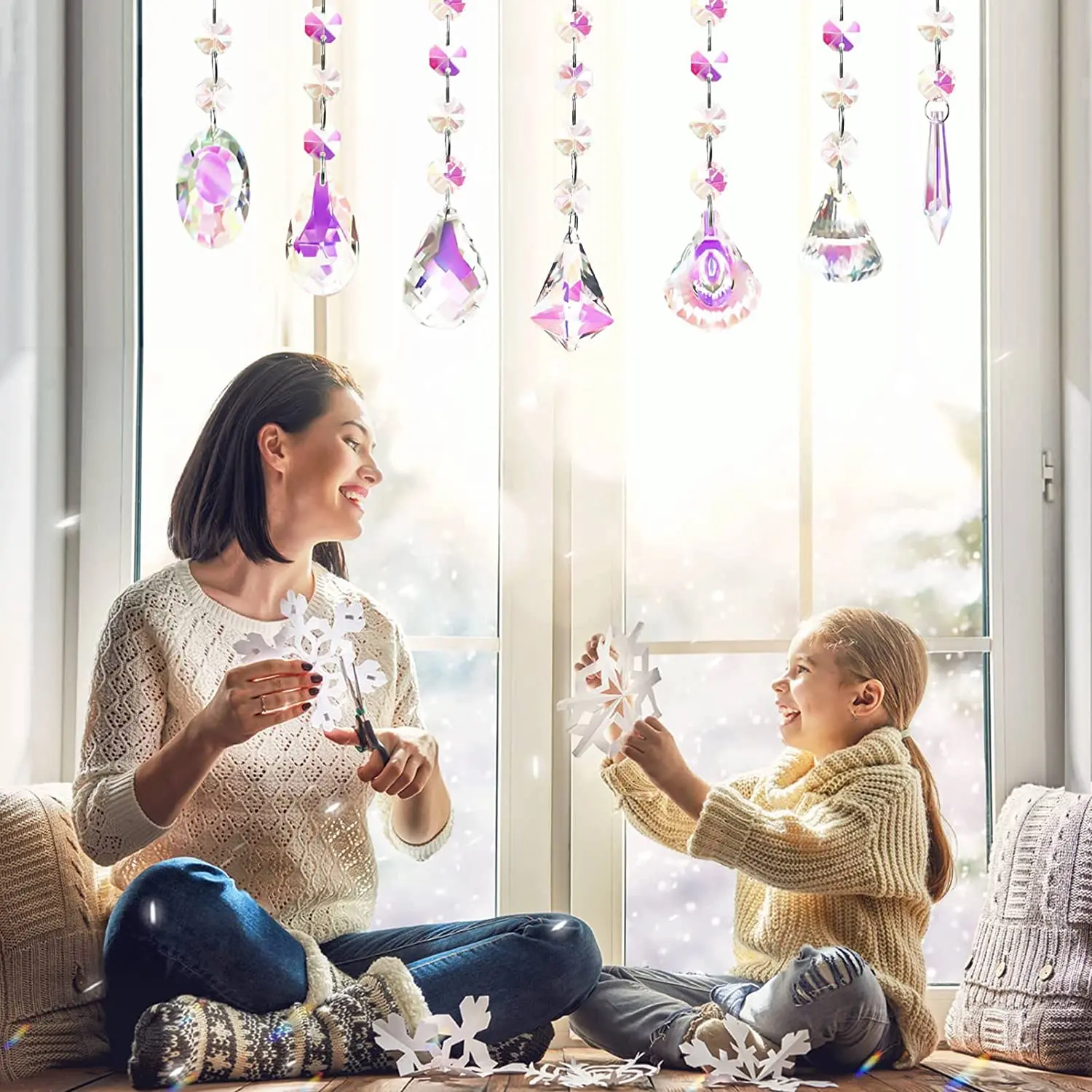 Christmas Decorations Sun Catchers with Crystals 7 Pcs Hanging Crystals Suncatchers for Windows