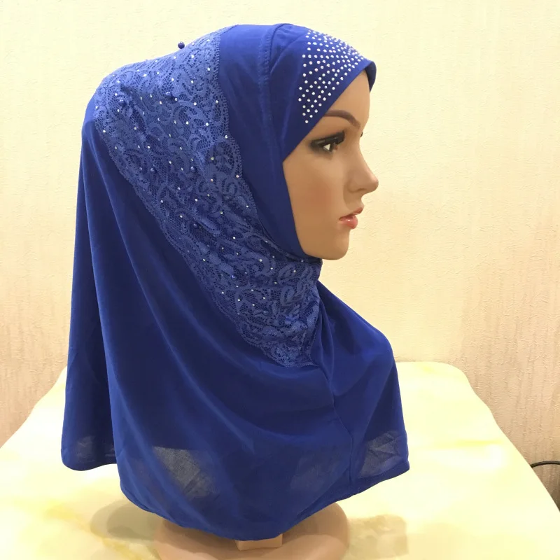 Wholesale Custom Polyester Thin Section Muslim Multicolor Lace Applique Hot Drilling Instant Hijab For Women