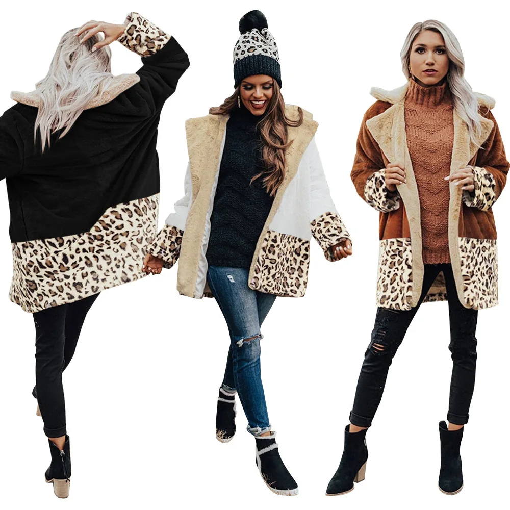 
Fashion lapel plus size coats fur patchwork leopard coats for woman trendy women winter coats 