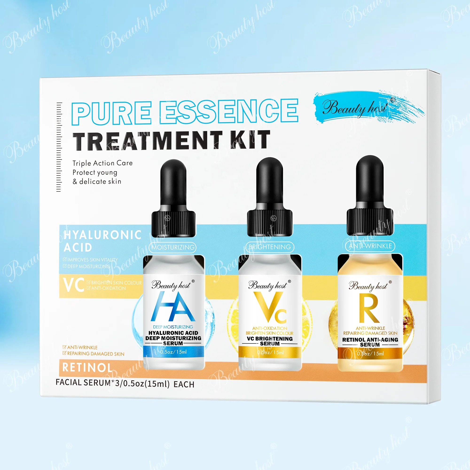 OEM Natural Organic 3 in 1 Skin Care Kit Vitamin C Serum Acne Cream Cleansing Face Cream Skin Hydrating Toner Spray Facial Set