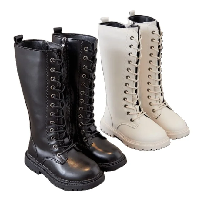 Fashion Leather High Boots For Kids Bottin Fall Girls Riding Boots Mid-Calf Combat  Anti-Slip Botas Winter Girl Black Boots